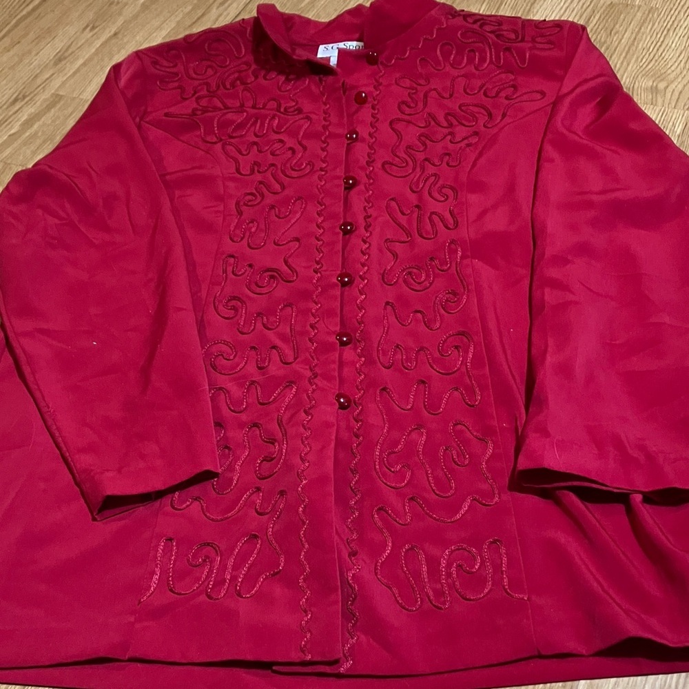 S.G. Sport Collection L Red Long Sleeve Button Front elaborate embroidery Blouse